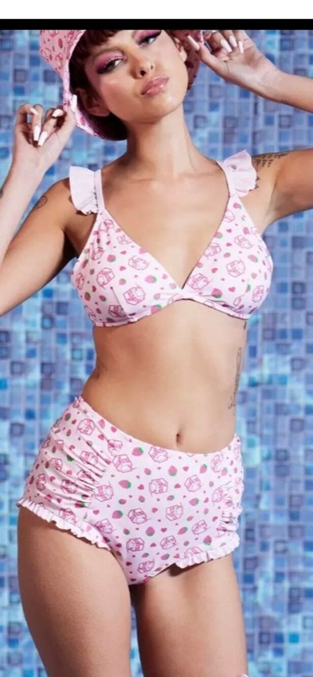 Hot topic Pink Strawberry Milk Ruffle Two Piece Bikini Swimsuit Size XL